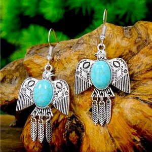 Retro Tribal Bird Pattern Dangle Earrings with Turquoise Decor